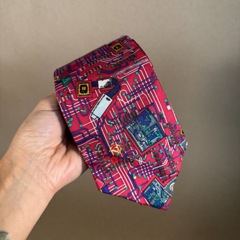 Vintage Smithsonian Institution Circuit Board Silk Tie Red Cyber Punk Tech Geek